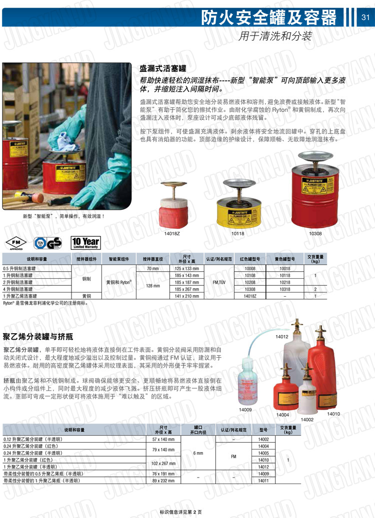美國杰斯瑞特，JUSTRITE，活塞安全罐，盛漏式活塞罐，化學(xué)品分裝罐，